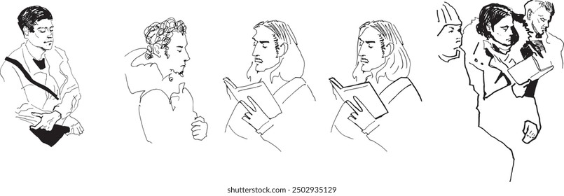 People figure drawing sketch style man riding book subway travel on work guy with backpack long hair minimal flat design clip art graphic human illustration set male line art person contour cartoon