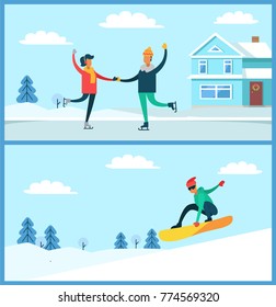 People figure skating and snowboarding, man with glasses and couple dancing on ice beside house, winter and frost isolated on vector illustration