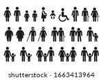 People figures icon set. Bathroom gender signs and health conditions symbols. Adults, families with children, seniors and disabled. Medical or navigation pictograms.