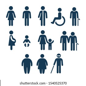 People figures icon set. Bathroom gender signs and health conditions symbols. Adults and child care, senior and disabled assistance. Medical or navigation pictograms.