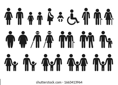 People figures icon set. Bathroom gender signs and health conditions symbols. Adults, families with children, seniors and disabled. Medical or navigation pictograms.