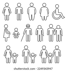 People figures icon set. Bathroom gender signs and health conditions symbols. Adults and child care, senior and disabled assistance. Medical or navigation pictograms.