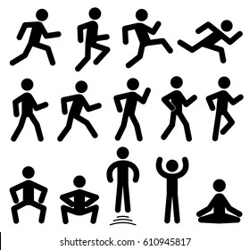 People figures in motion, running, walking, jumping vector black icons. Sportsman training motion, illustration of silhouette sportsman.