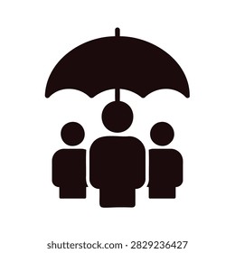 People figures protected underneath a large umbrella icon with umbrella, protection