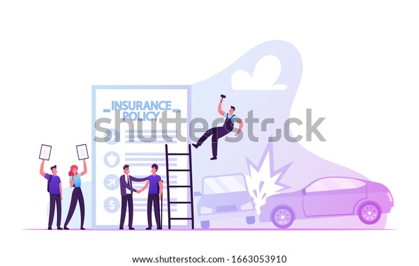 People Fill Form Accident Insurance. Agent\
Shake Hand to Client, Man and Woman Hold Policy Documents. Health\
Medical Protection, Life and Property Safety Guarantee. Cartoon\
Flat Vector\
Illustration