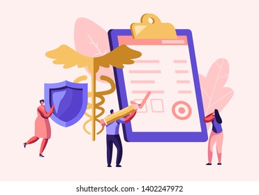 People Fill Health Form Insurance Policy Document. Woman Holding Protective Shield. Caduceus Symbol. Signing Insurance for Health Medical Protection for Life Guarantee Cartoon Flat Vector Illustration