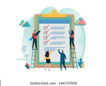 People fill out checklist on a clipboard. Online survey. fill out a form. research, election. Flat cartoon character graphic design. Landing page template,banner,flyer,poster,web page