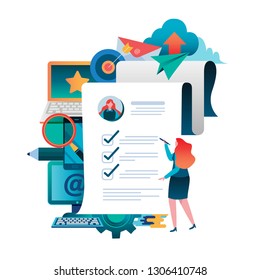 People fill out a form. Checklist. Online application. Women Female Flat cartoon character graphic design. Landing page,banner,flyer,poster,web page
