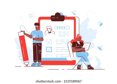 People fill out a form. Online application. Cartoon miniature illustration vector graphic on white background. Web banner.  vector illustration for web page, social media, documents, cards, posters.