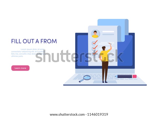 People fill out a form. Online application. Cartoon\
miniature  illustration vector graphic on white background. Web\
banner. \
