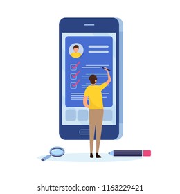 People Fill Out A Form Via Mobile Application. Online Application. Cartoon Miniature  Illustration Vector Graphic On White Background. Web Banner. 