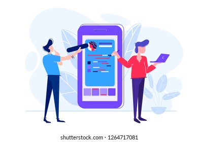 People fill out a form via mobile application. Online application. Cartoon miniature illustration vector graphic on white background.