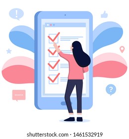 People fill out a form via mobile application. Online application. Checklist on tablet display, checkboxes with check mark. List of purchases, tasks, to do, wish list on the website. Online survey