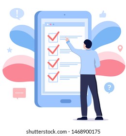 People fill out a form via mobile application. Online application. Checklist on tablet display, checkboxes with check mark. List of purchases, tasks, to do, wish list on the website. Online survey