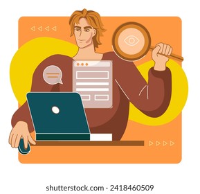 People fill out. Man putting checkmarks. Guy working at laptop. Studying test exam ticks. Digital search. Person writing in notebook. Complete goals. Student examination. Online vote. Vector concept