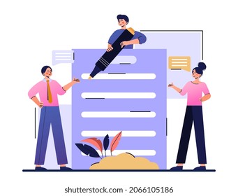 People Fill Out Page About Company. Graphic Elements About Website, History Of The Company. Employees, SEO, Copywriters, Freelancers. Teamwork Concept, Workflow. Cartoon Flat Vector Illustration