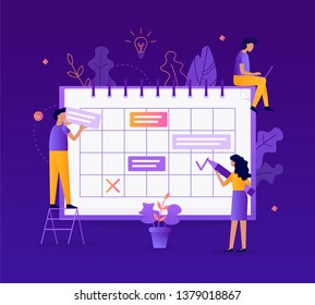 People fill out the schedule. Work planning, setting tasks. Time management concept. Flat vector illustration. 
