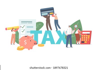 La Gente Rellena El Concepto De Declaración Fiscal. Personajes de negocio con lápiz enorme, tarjeta bancaria y impuesto de pago de la calculadora, dinero en banco de cerdo, cartel de la obligación de pago. Ilustración del vector de dibujos animados