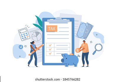 People filling Documents for Tax Calculation and making Tax Return. Characters Preparing Finance Report with Graph Charts. Accounting and Financial Management Concept. Flat Cartoon Illustration.