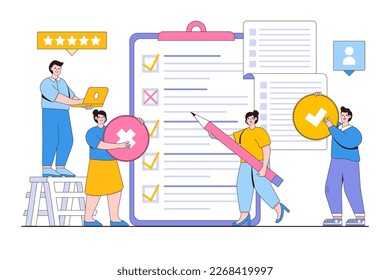 People filling in form or answering questions concept with people characters. Online public survey, statistical study, consumer opinion poll, customer review, rating or score, market research.