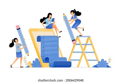 people filling out education exam surveys using mobile apps technology. vector illustration concept can be use for landing page, template, ui ux, web, mobile app, poster, banner, website, flyer, ads