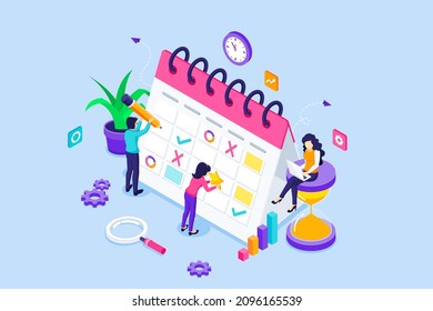 People are filling out the work schedule on a giant calendar. Business and Work planning schedule, Daily routine, and Time Management concept. isometric vector illustration