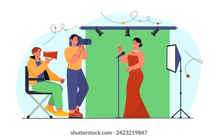 Gente filmando un clip. Hombre con altavoz y camarógrafo con cámara de cine que actúa como cantante. Industria del entretenimiento. Dibujo vectorial plano de dibujos animados aislado en fondo blanco