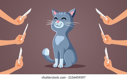 
People Filming Cute Cat Creating Funny Viral Videos Vector Cartoon. Domestic animal becoming an internet celebrity on social media
