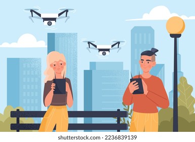 People filming with drone. Man and woman with tablets operate gadgets and devices for shooting. Modern technologies and innovations. Characters recording footage. Cartoon flat vector illustration