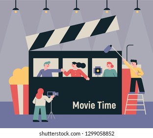 People filming a movie on a giant clapper board. flat design style minimal vector illustration