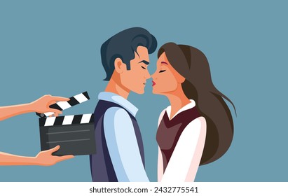 
People Filming a Romantic Movie on a Set Vector Illustration. Actor and actress performing together a love scene
