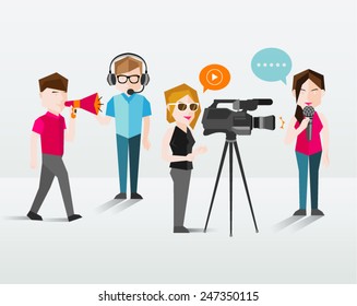 People Filming and Talking Using Headphone Vector Illustration