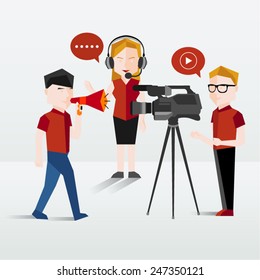 People Filming and Talking Using Headphone Vector Illustration