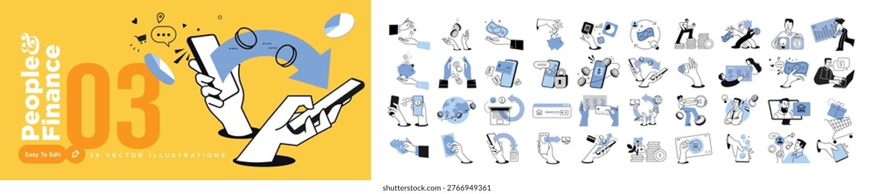 People and finance. Vector illustrations of people in various financial and banking activities. Concepts for graphic and web design, social media, business and marketing material.