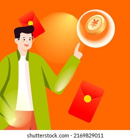 People financial management with red envelopes and gold coins in the background, vector illustration
