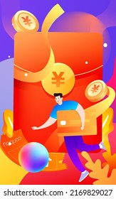 People financial management with red envelopes and gold coins in the background, vector illustration