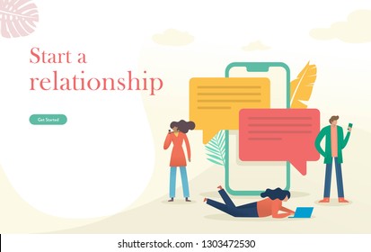 people find love trough dating apps vector illustration, woman find love and chat with men with smartphone, qna
can use for, landing page, template, ui, web, mobile app, poster, banner, flyer