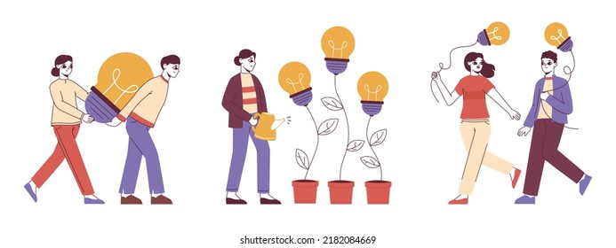 People Find And Nurture Good Business Ideas. People Generating Brilliant Ideas, Light Bulbs Metaphor Flat Vector Symbols Illustration Set. Creative Thinking Scenes