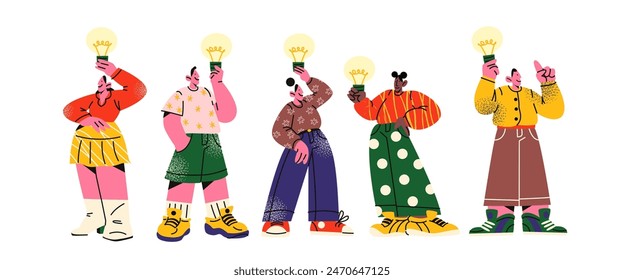 People find solution, brilliant idea, lightbulb. Cartoon characters working as team, solving a problem, business idea, brainstorming, finding 
 solution. Creative thoughts and inspiration.