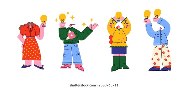 People find solution, brilliant idea, lightbulb. Cartoon characters working as team, solving a problem, business idea, brainstorming, finding solution. Creative thoughts and inspiration.