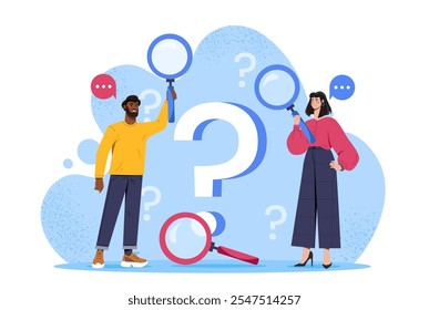 People finding answers. Man and woman with magnifying glass looking for answers to questions. Decision making and choice. Doubt and dilemma. Flat vector illustration isolated on white background