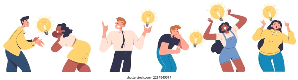 People finding brilliant ideas. Happy men and women with light bulbs in their hands. Brainstorming and insight, creative thinking. Cartoon flat vector illustrations isolated on white background