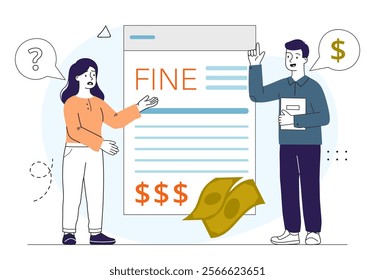 People with fine. Man and woman near documents and banknotes. Punishment and penalty for violation of traffic rules. Businesswoman with fee, bill and tax. Linear vector illustration