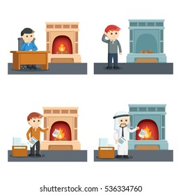 people with fire place set