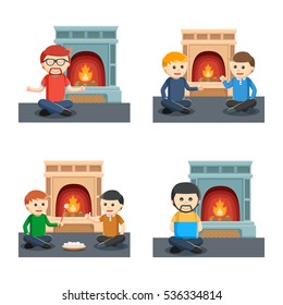 people with fire place set