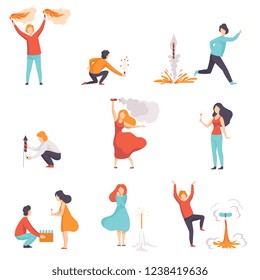 People with firework rockets set, men and women celebrating holiday with fireworks vector Illustration on a white background