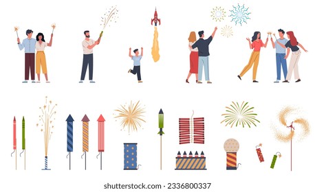 People and fireworks. Men, women and kids fire sparklers, clapping crackers, have fun and rejoice, festival explosions. Burning bengal lights. Holiday party celebration salutes, nowaday vector set