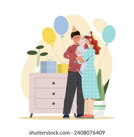 People with first birthday. Man and woman with toddler and baby indoor. Holiday and festival. Motherhood and childhood concept. Cartoon flat vector illustration isolated on white background