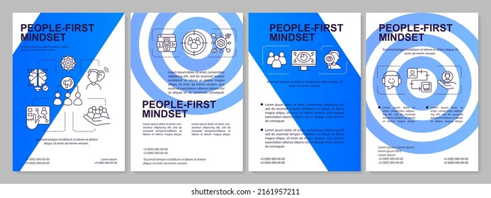 People first mindset blue brochure template. Digital marketing. Leaflet design with linear icons. 4 vector layouts for presentation, annual reports. Arial-Black, Myriad Pro-Regular fonts used