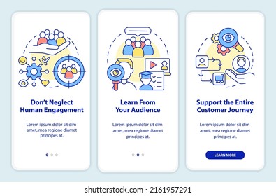 People first mindset onboarding mobile app screen. Digital marketing walkthrough 3 steps graphic instructions pages with linear concepts. UI, UX, GUI template. Myriad Pro-Bold, Regular fonts used